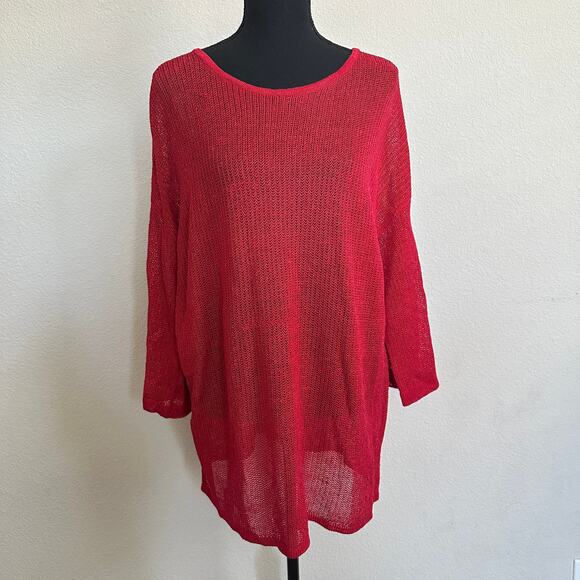 J Jill Tunic Large Linen Blend Beachy Red Open Knit Sheer Casual Long Line - Picture 1 of 11